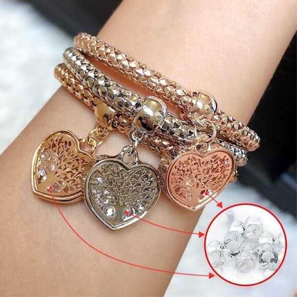 Crystal Charms Multilayer Bracelets 3PCS Gold Silver Rose Gold Tree of Life Hear - Picture 5 of 6